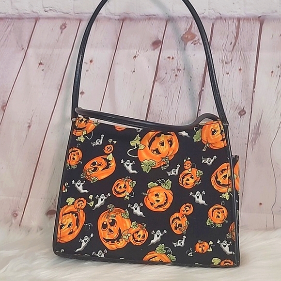 Pumpkin & Ghost Mini Halloween Print Zip Square Shoulder Bag Purse Tote 10" - Picture 6 of 17